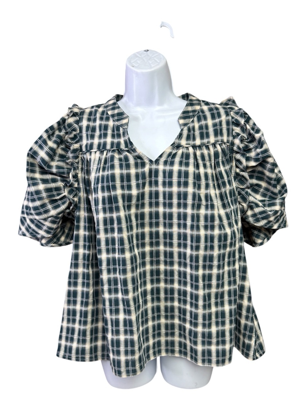 entro green/cream Plaid Puff Sleeve V-Neck Blouse size medium but would fit up
